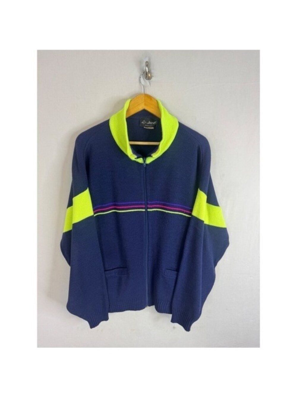 Vintage 80s Jardi Navy Neon Yellow Full Zip Ski Sweater Mens M Made in Canada